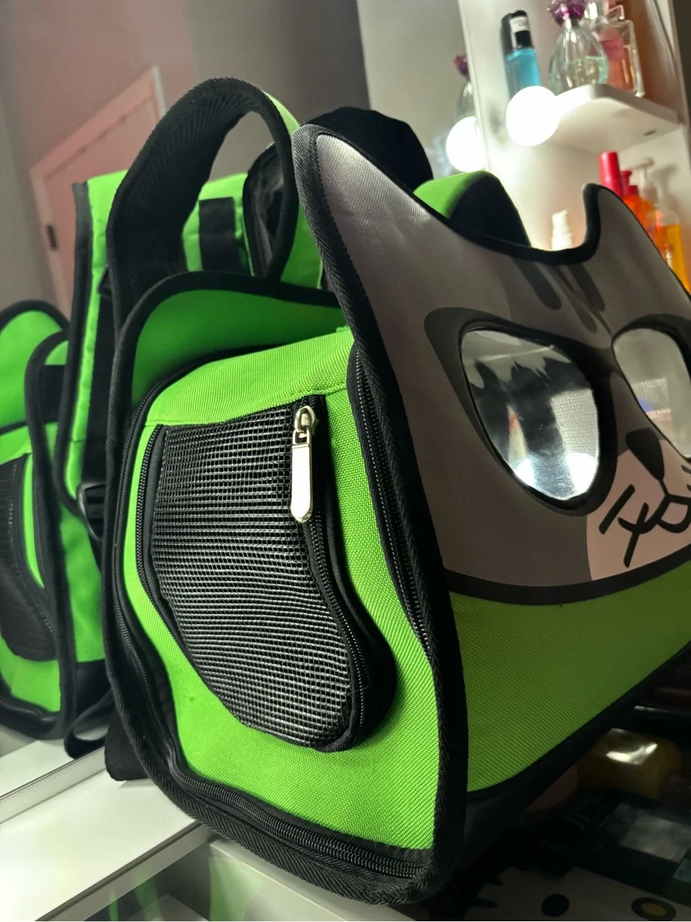 Green Cat-Themed Pet Carrier Backpack
